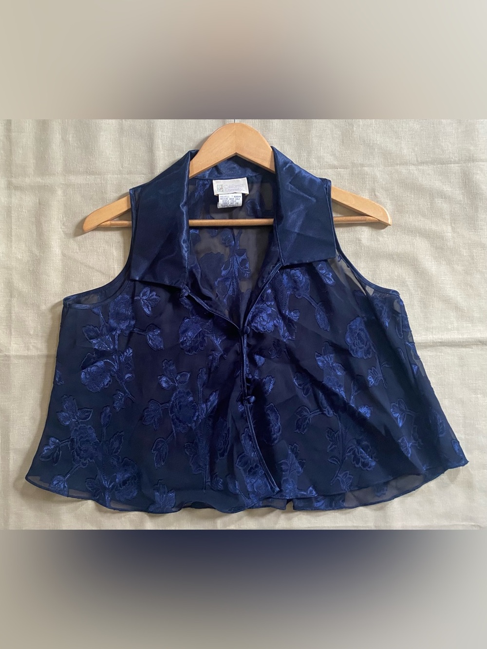 Vintage California Dynasty Navy Blue Floral Burnout Sheer Top 90s Y2K Small USA